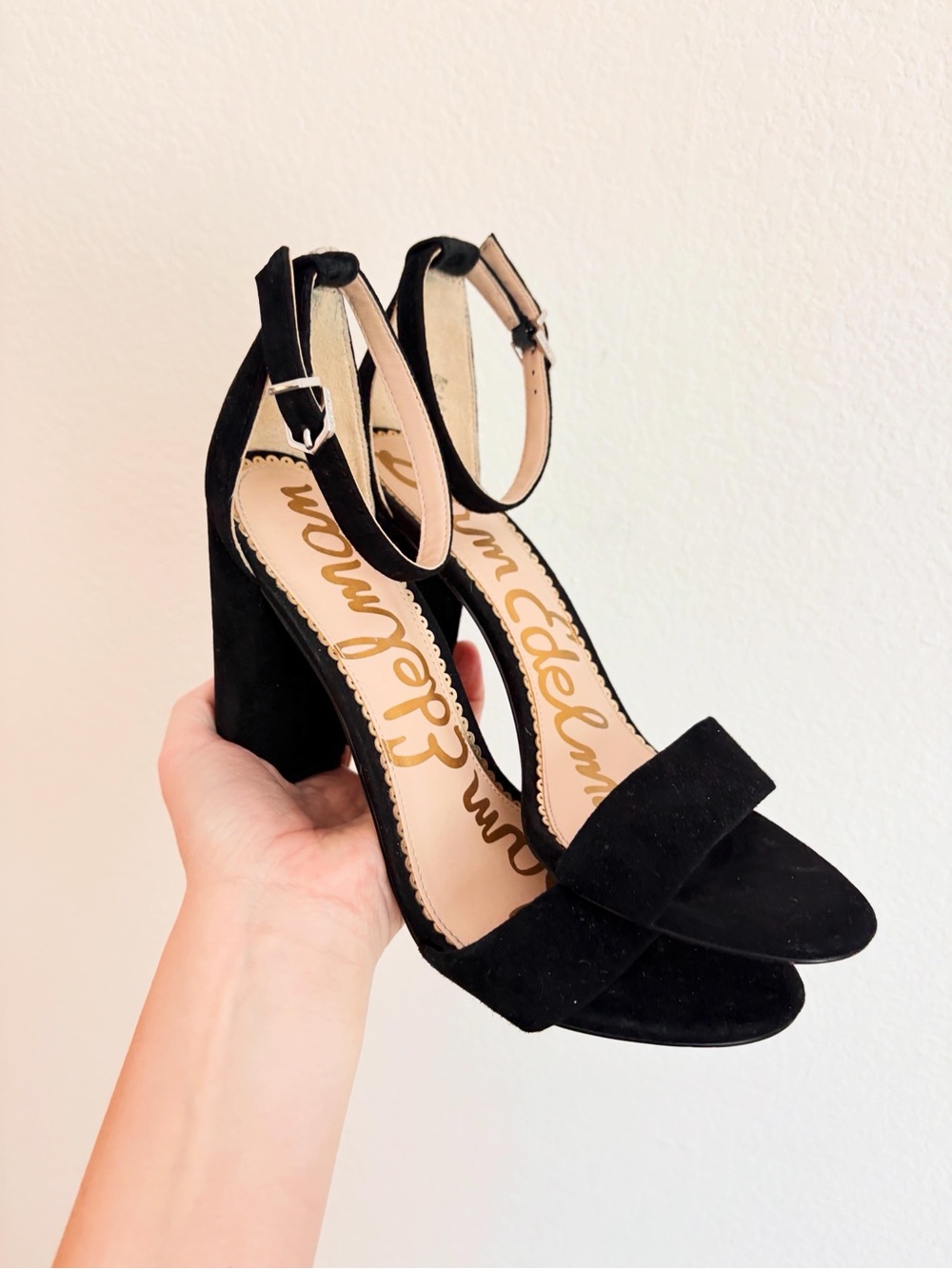Sam Edelman Black Suede Ankle-Strap Block Heels